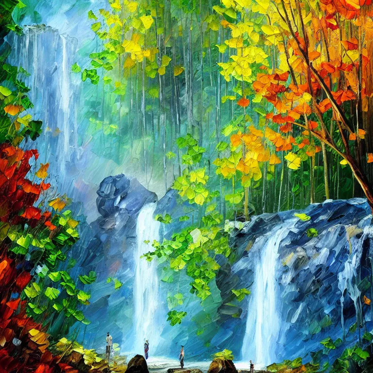 Image similar to A beautiful oil painting of a very tall waterfall on a very rocky cliff, in the middle of a huge forest of trees with bright blue glowing leaves, by Afremov