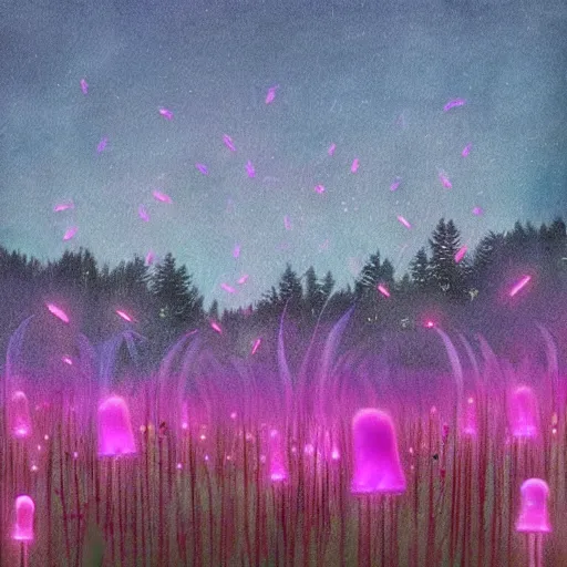 Image similar to field of tall luminescent pink and blue mycena fungi, emitting spore clouds, midnight, moonlight, fantasy art, mysterious, magical, hyperrealistic, detailed, soft lighting, fireflies