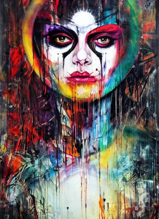 Image similar to enlightened magic cult psychic woman, painted face, third eye, energetic consciousness psychedelic, epic surrealism expressionism symbolism, story telling, iconic, dark robed, oil painting, symmetrical face, dark myth mythos, by sandra chevrier, joan mitchell masterpiece