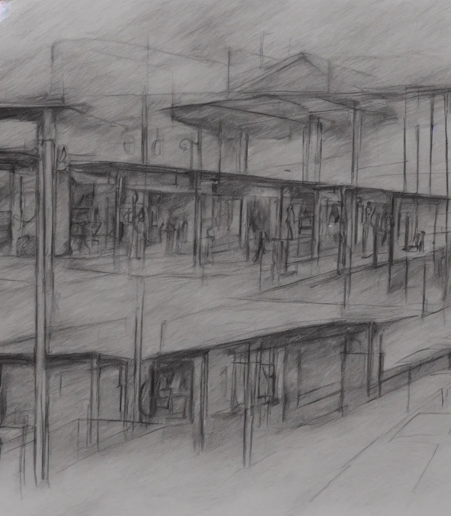 Prompt: charcoal sketch matte painting urban decay bus station