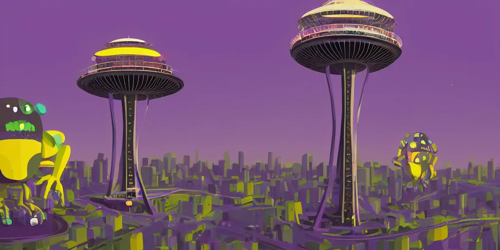 Image similar to cute purple and yellow cartoon monsters at the Seattle space needle by Goro Fujita and Simon Stalenhag , 8k, trending on artstation, hyper detailed, cinematic