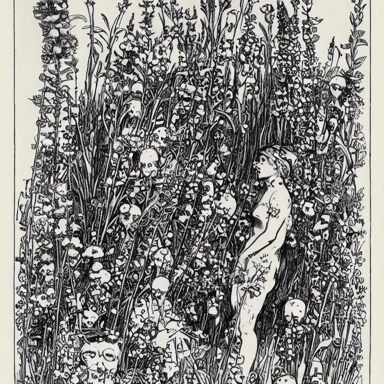 Image similar to a walther caspari illustration in lustige blatter in 1 8 9 9 of a ( young goddess, sitting on a conical!!!! pile! of small skulls ) with huge flowers on tall stalks behind her, black and white pen an ink drawing