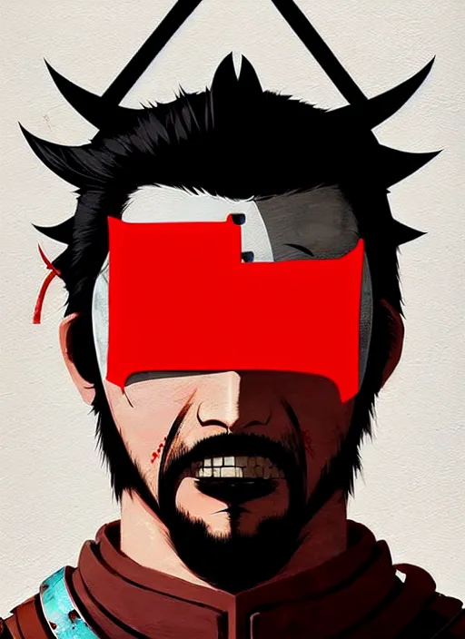 Image similar to highly detailed closeup portrait of xiahou dun with eyepatch, mudoken, by atey ghailan, by greg rutkowski, by greg tocchini, by james gilleard, by joe fenton, by kaethe butcher, gradient red, black, brown and white color scheme, grunge aesthetic!!! white graffiti tag wall background