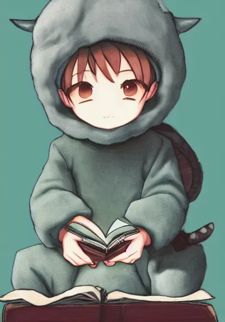 Image similar to beautiful little boy wearing sheep suit reading a book while sitting on chair, gray, blue, green and brown pallet color. made in abyss art style, inspired in kris from deltarrune, cute detailed artwork, anatomically correct, soft details, ilya kuvshinov, reflection, perfect composition, mobile wallpaper