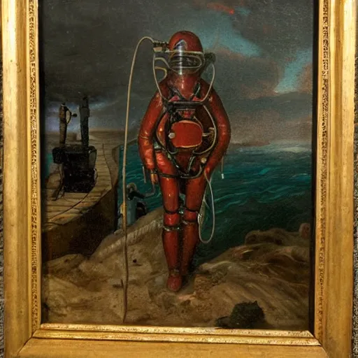 Image similar to 19th century romantic painting of a deep see atmospheric diving suit salvaging a submarine