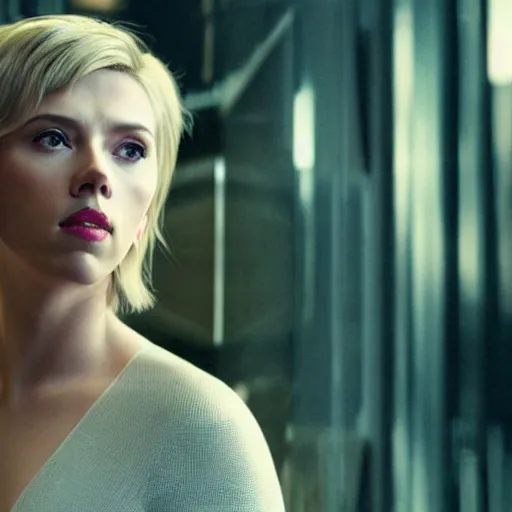 Prompt: a medium - shot of scarlett johansson looking into the distance, beautiful light failling on her face, futuristic a - line bob with bangs hairstyle, in the style of the ghost in the shell, by annie leibowitz