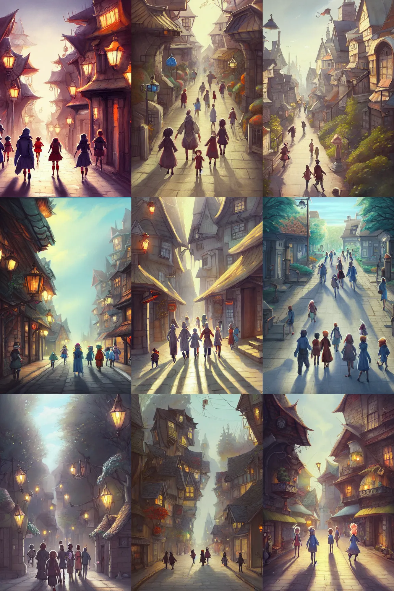 Prompt: a painting of a group of people walking down a street, a storybook illustration by KleirHai, featured on pixiv, fantasy art, storybook illustration, concept art, 2d game art