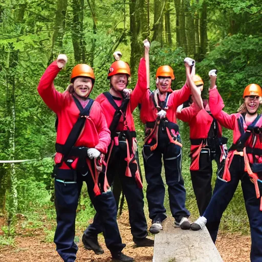 Image similar to a group of go ape instructors cheering with glee at a y - swapper being replaced