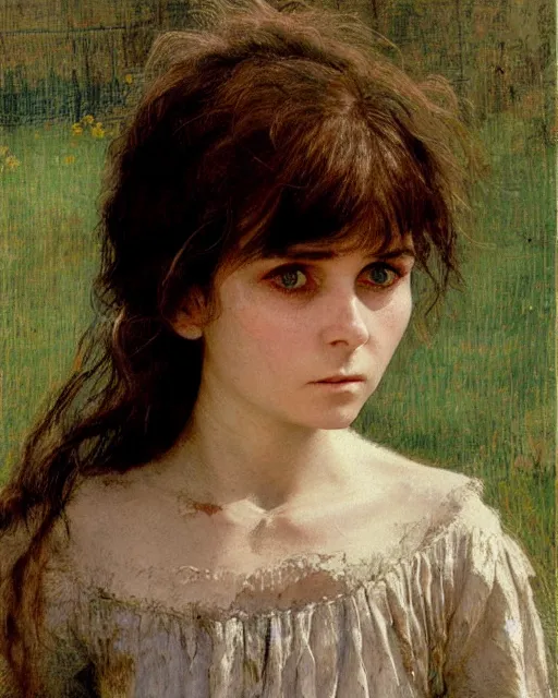 Image similar to a beautiful but sinister girl who looks like a young shirley henderson in dead space, with haunted eyes and crazy hair, horrifying, 1 9 7 0 s, seventies, delicate embellishments, a little blood, crimson, painterly, offset printing technique, by jules bastien - lepage