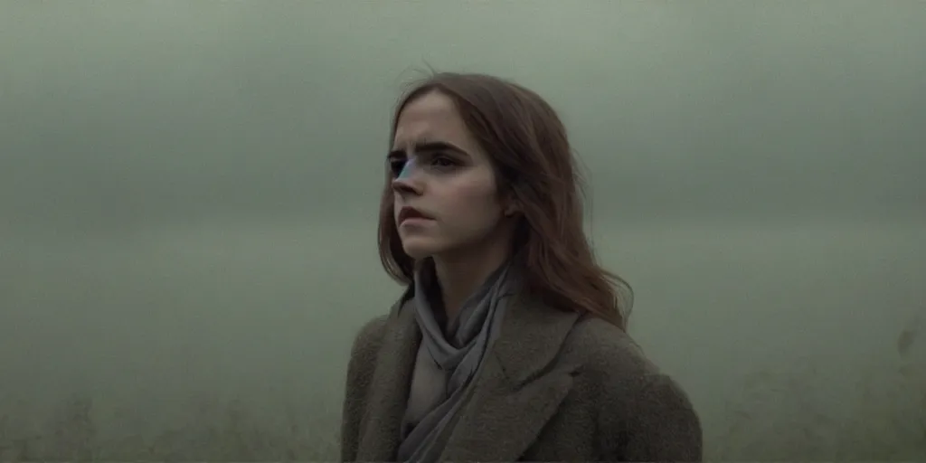 Prompt: portrait, emma watson, tarkovsky film grain, kodachrome, dense forest, long black hair, cloth, heavy fog, hudson river school, 4 k, dramatic lighting, sunrise, hayao miyazaki, masashi ando, nizou yamamoto, kazuo oga, joe hisaishi, yoji takeshige, naoya tanaka