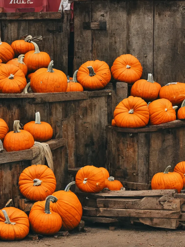 Prompt: photorealistic pumpkins in a wood bin, farmer's market setting, vivid colors, soft lighting, atmospheric, cinematic, 8k