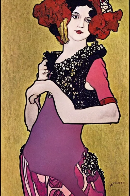 Image similar to portrait en buste of flapper girl of the roaring 20s by Aubrey Beardsley, Alphonse Mucha Gustav Klimt, Maxfield Parrish, Gerda Wegener, Henri de Toulouse-Lautrec, bold moody colors, flamboyant clothes, roaring twenties