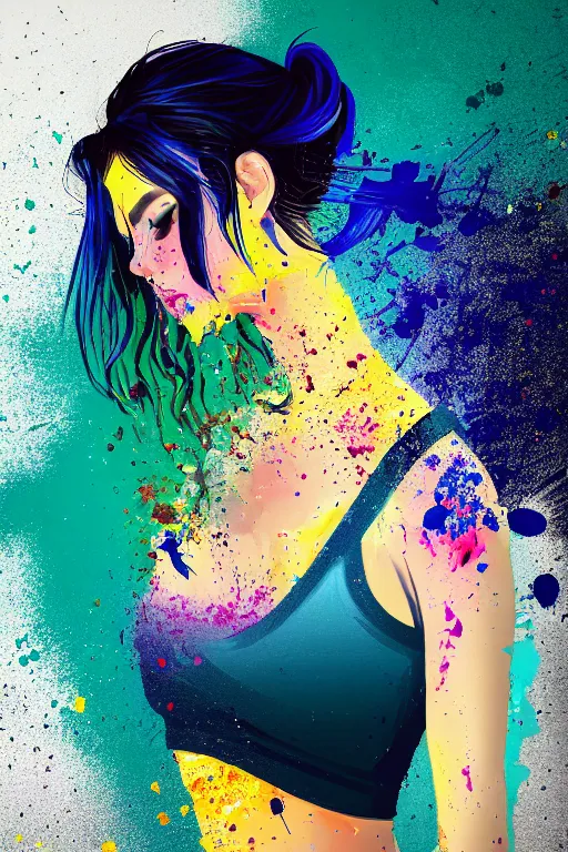 Image similar to a award winning half body portrait of a beautiful woman in a croptop and cargo pants with ombre navy blue teal hairstyle with head in motion and hair flying, paint splashes, splatter, outrun, vaporware, shaded flat illustration, digital art, trending on artstation, highly detailed, fine detail, intricate