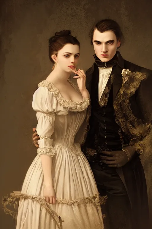 Image similar to a portrait of handsome young evil male Satan and his elegant beautiful wife, bored, Dressed in Victorian fashions, illustration, soft lighting, soft details, painting oil on canvas, octane render, HDR, 4k, 8k, HD, by Edmund Blair Leighton, Brom, Charlie Bowater, trending on artstation,