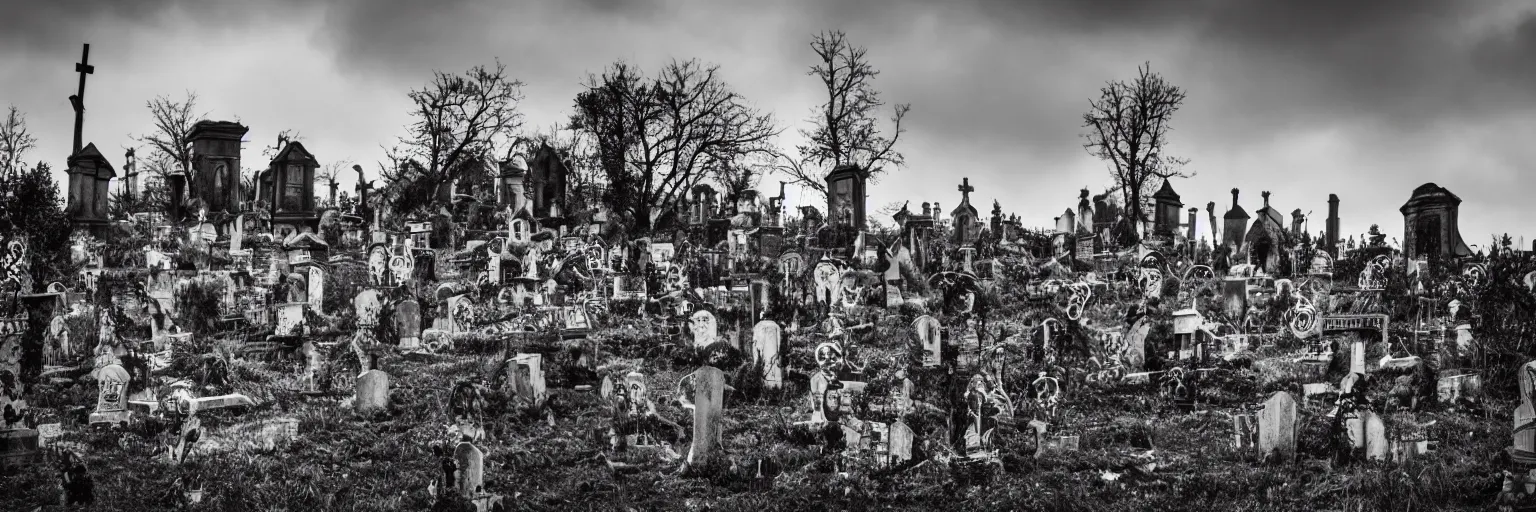 Prompt: DLSR photo of the steep hilltop of an endless creepy graveyard lit from weird supernatural weather where the real-life undead creature known as Eddie The Head (as depicted in Iron Maiden album art) stands menacingly