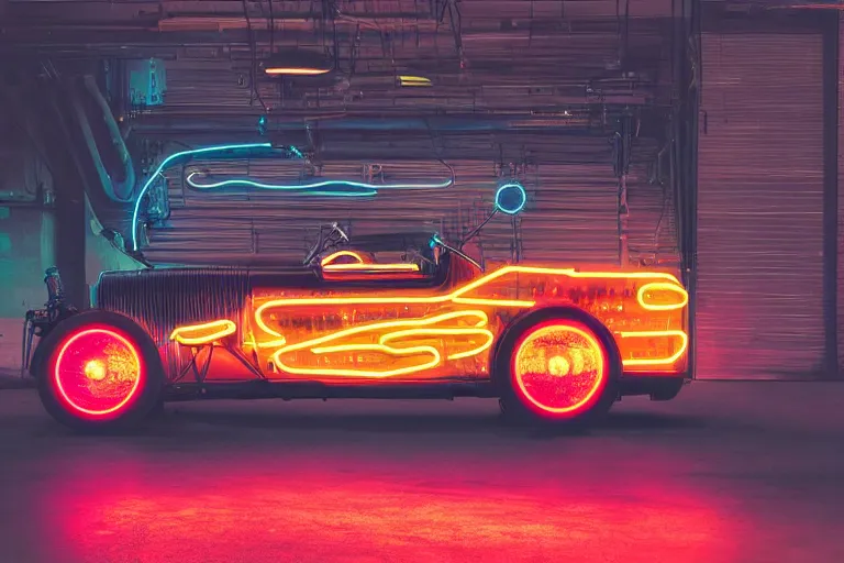 Image similar to cyberpunk version of a 1 9 3 0 cadillac v 1 6, neon