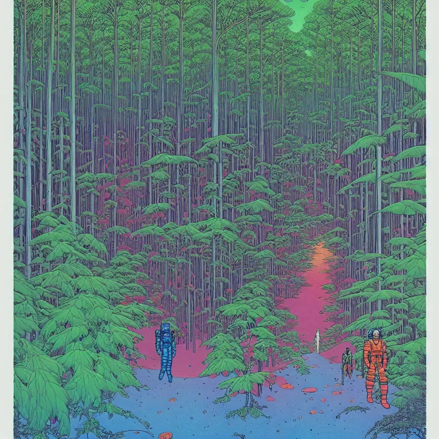 Image similar to ( ( ( ( astronauts walking through a mysterious forest, with decorative frame design ) ) ) ) by mœbius!!!!!!!!!!!!!!!!!!!!!!!!!!!, overdetailed art, colorful, artistic record jacket design