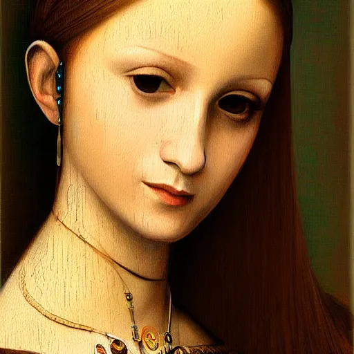 Image similar to ultra realistic portrait painting of female DJane MissK8, painted by Da Vinci