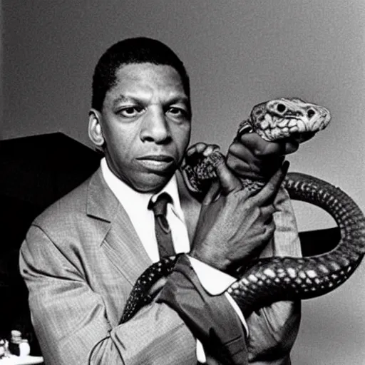 Image similar to john coltrane snuggling a rattlesnake