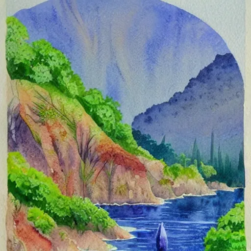 Image similar to detailed watercolor of a lush natural scene on an alien planet by stephen quiller. beautiful landscape. weird colourful vegetation. cliffs and water.