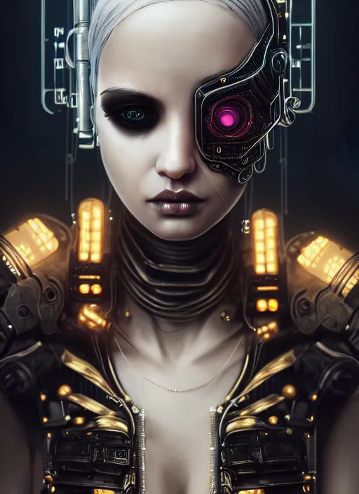 Image similar to soft lustrous ebony ivory biotech raver gutter punk gothic cyborg, golden ratio, details, scifi, fantasy, cyberpunk, intricate, decadent, highly detailed, digital painting, octane render, artstation, concept art, smooth, sharp focus, illustration, art by artgerm, loish, wlop