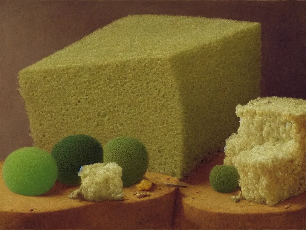 Prompt: still life with fluffy, giant diaphanous green sponge - like mold raising out of an old bread. painting by henri fantin - latour, max ernst, agnes pelton, morandi, walton ford