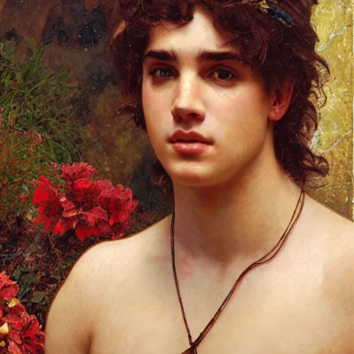 Image similar to portrait of 19 year old Antinous in ancient Greece, (SFW) safe for work, photo realistic illustration by greg rutkowski, thomas kindkade, alphonse mucha, loish, norman rockwell