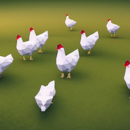 Prompt: low poly white chickens running through a farm, isometric view, 3d render, detailed, ray tracing, Eggs Inc