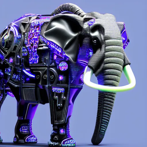 Prompt: hyper realistic cybertronic elephant. high details. complex mechanical body. blue led. cyberpunk style, intricate, trending on art station, 8 k render.