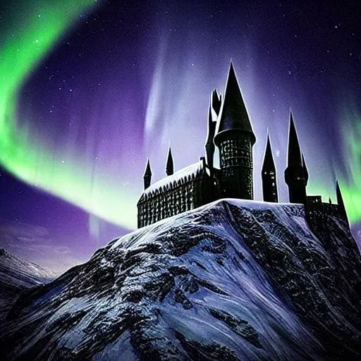 Image similar to “Hogwarts School of Witchcraft and Wizardry with the norther lights in the background. 4k, 8k, unreal 5, very detailed, hyper control-realism,.”