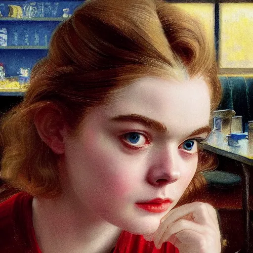 Prompt: Elle Fanning at a diner, head and shoulders portrait, stormy weather, extremely detailed masterpiece, Roger Deakin’s cinematography, oil on canvas, Norman Rockwell,