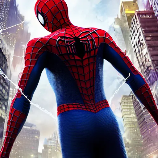 Image similar to the back of the spiderman standing in the streets of a fantastical fantasy city, extremely detailed and photorealistic, 8k