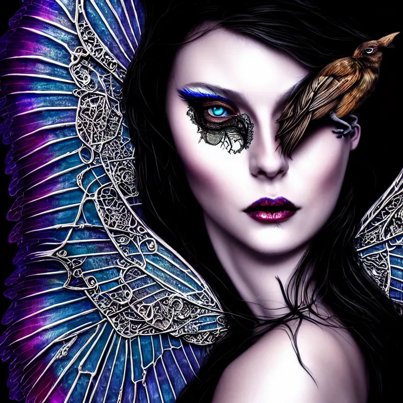 Image similar to close up portrait on the enchanting femenine witch, hyper attractive, seductive, very complex, hyper-maximalist, overdetailed, legendary cinematic, darkfantasy, archetype with timeless beauty breathtaking eyes & glowing wings, collossal moon rising behind her with bird shadows, highly intricate, digital art, very elegant, HDR 8K, biblical art, realism, incomprehensible yet perspicious detail, unbeatable quality, silent hill aesthetic, photorealistic, lifelike, DSLR 8k, unbeatable coherency, Omnious intricate, octane render, created Nixeu & z--ed from deviantart
