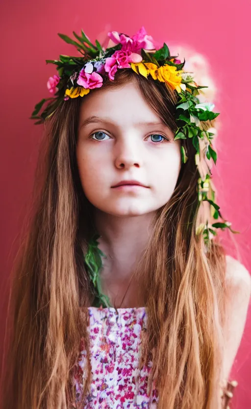 Image similar to portrait of a shy young girl with flowers in her hair, beautiful composition, modern color palette, 50mm f1.8, ambient light,