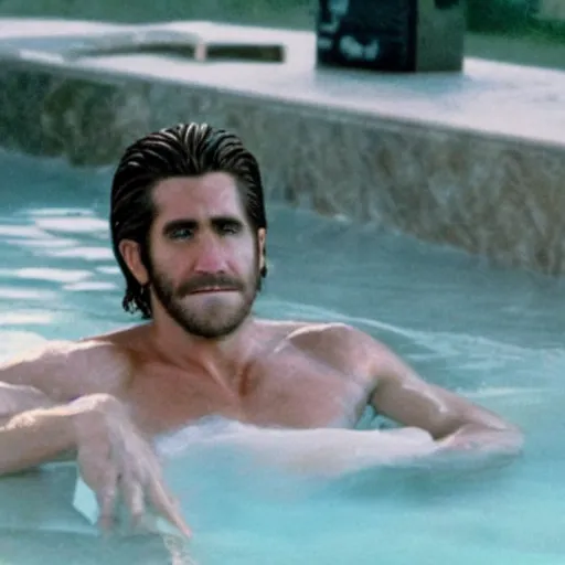 Image similar to movie poster cinestill of Jake Gyllenhaal as patrick Swayze sitting in a hot tub in the movie Road House