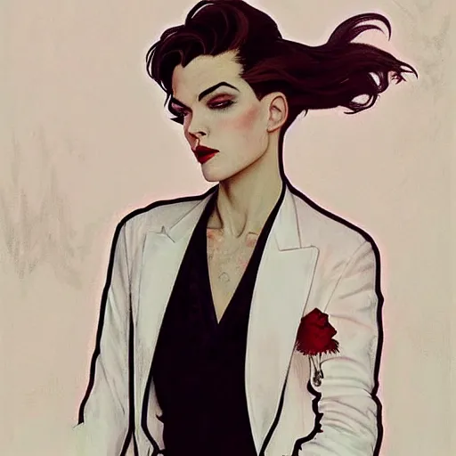 Image similar to beautiful portrait of androgynous ruby rose as desire from sandman in a white tuxedo!!!, rockabilly style,, by alphonse mucha, by jeremy mann, by peter lindbergh, dave mckean, by cedric peyravernay, white suit and black tie, soft lightning, high detailed, 8 k