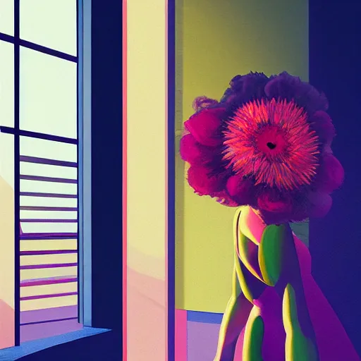 Image similar to closeup, giant flower head, woman next to modern windows, luxury apartment, surreal photography, dramatic light, impressionist painting, digital painting, artstation, james gilleard