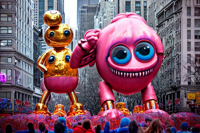 Image similar to photo of giant cute elaborate parade float character designed by ( ( ( ( ( ( ( ( giger ) ) ) ) ) ) ) ) and beeple!!!!!!!!!!!!!!, in the macys parade, detailed 4 k photo,