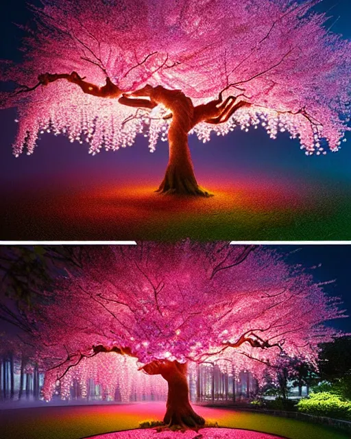Image similar to highly detailed, stunning image of a heavenly miniuature diorama pink giants cherry blossom trees, stunning tree, ethereal, fairy lights, fireflies lightning glowing everywhere, divine bonsai, matte painting by Jordan Grimmer and Bosch