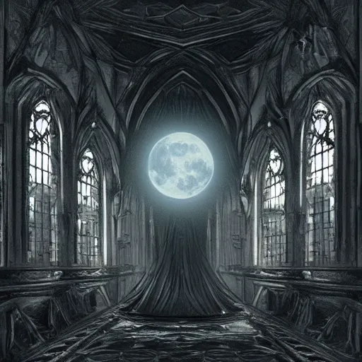 Image similar to large gothic hall with large eyes on the ceiling, horror movie, moonlight, artstation, detailed, colorfull, futuristic