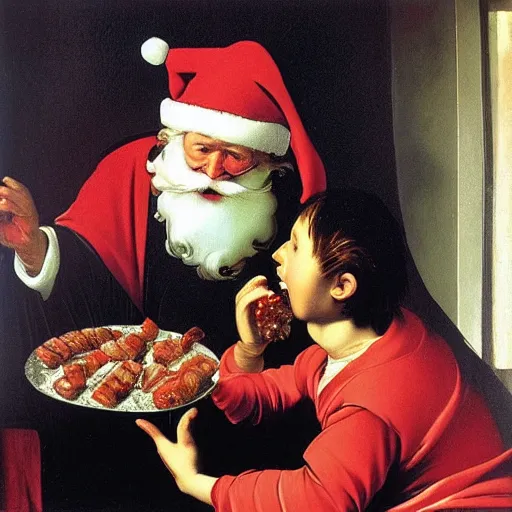 Image similar to Father Christmas eating Turkish Delight. Painted by Caravaggio