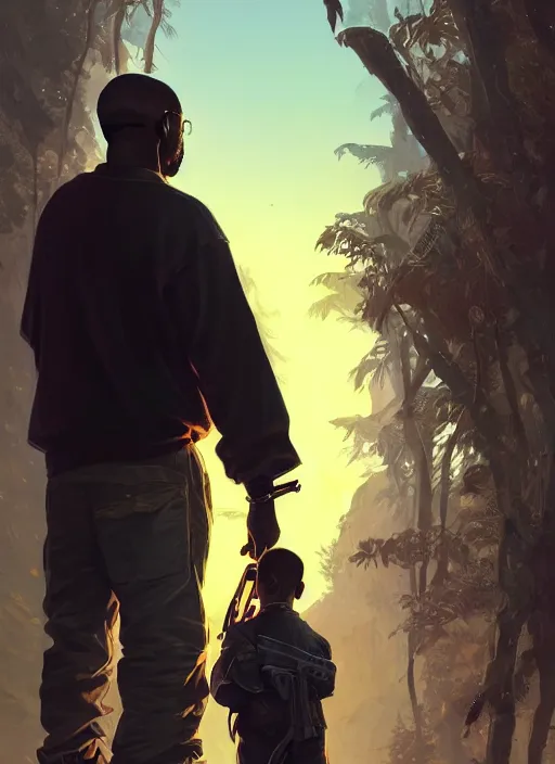 Image similar to highly detailed portrait kanye holding ak in gta v stephen bliss unreal engine fantasy art by greg rutkowski loish rhads ferdinand knab makoto shinkai lois van baarle ilya kuvshinov rossdraws tom bagshaw global illumination radiant light detailed intricate environment