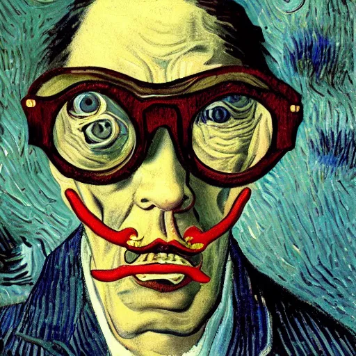 Image similar to grumpy software dev working on a pair of spectacles, surreal, dali, van gogh