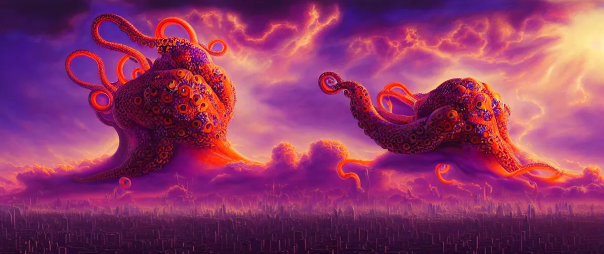 Image similar to hyperrealistic hyper-ornate bio-morphic sky city on giant orange and purple cyborg octopus puffy clouds matte painting concept art salvador dali alex grey cinematic soft glow lighting high angle hd 8k sharp shallow depth of field