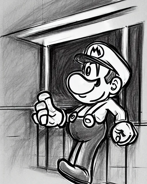 Image similar to super mario on the stand, court room sketch, fine details, concept art, extremely detailed, very sharp,