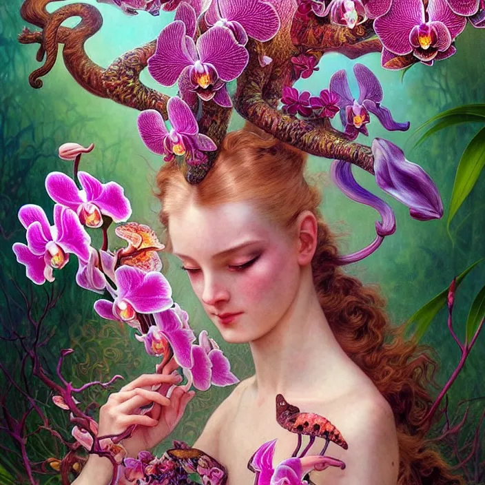 Image similar to psychedelic animal made of orchid and cherry blossom tree and mushrooms, LSD, diffuse lighting, fantasy, intricate, elegant, highly detailed, lifelike, photorealistic, digital painting, artstation, illustration, concept art, smooth, sharp focus, art by John Collier and Albert Aublet and Krenz Cushart and Artem Demura and Alphonse Mucha and Giuseppe Arcimboldo