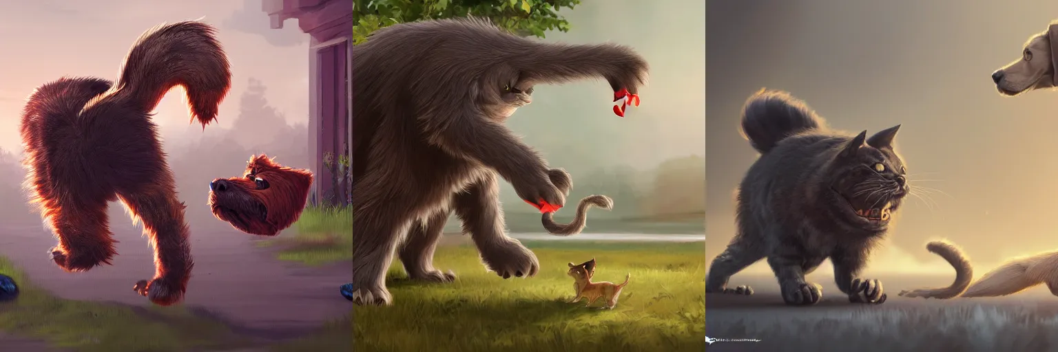 Prompt: a huge monster cat trying to catch a dog that running away from it, 4k, artstation
