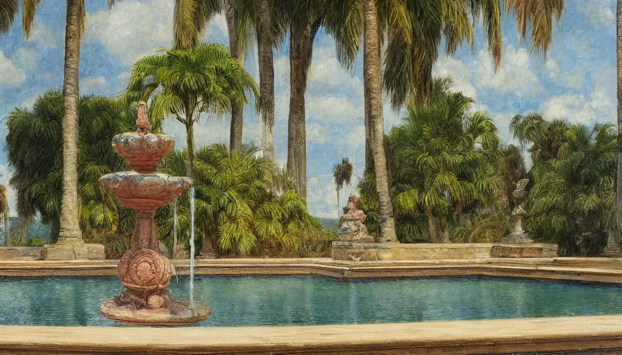 Image similar to a ultradetailed beautiful painting of an old fountain in the amazonas palace balustrade designed by jules bastien - lepage, tarsila do amaral, frank weston and gustave baumann, beach, trending on artstation, mediterranean, palm trees, sharp focus, soft light, 8 k 4 k