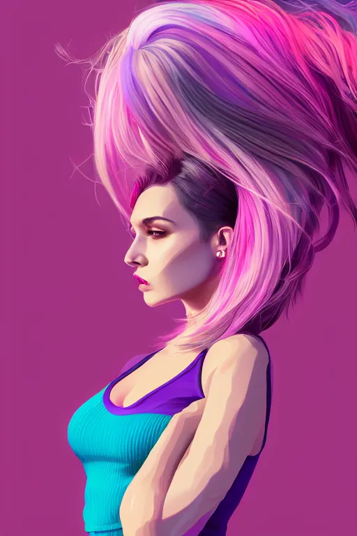 Image similar to a award winning half body porttrait of a beautiful woman in a croptop with ombre purple pink teal hairstyle with head in motion and hair flying, outrun, vaporware, shaded flat illustration, digital art, trending on artstation, highly detailed, fine detail, intricate