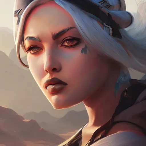 Image similar to very detailed masterpiece painting of ashe from overwatch in a desert, closeup, portrait, artstation, concept art by greg rutkowski